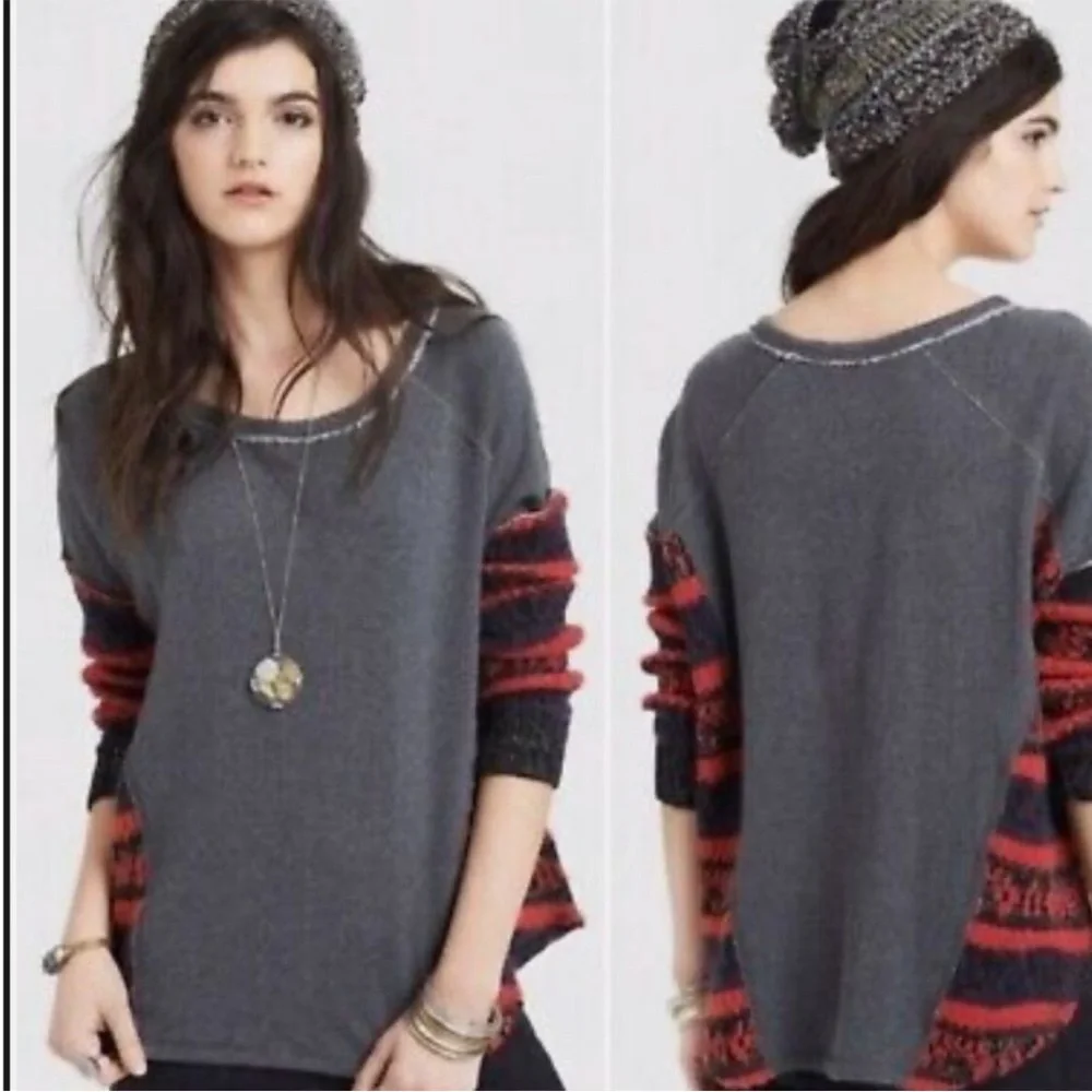 Free People Distressed Raw Hem Gray Red Oversized Sweatshirt Thermal Tee Top S - Picture 2 of 7